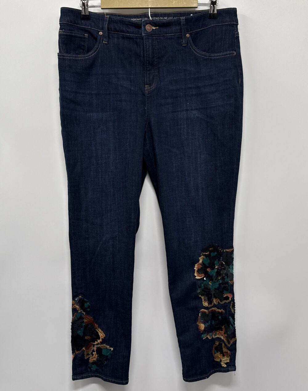 Chico’s So Slimming Girlfriend Jeans Women 12 Sequin Embroidered Ankle Denim Pan